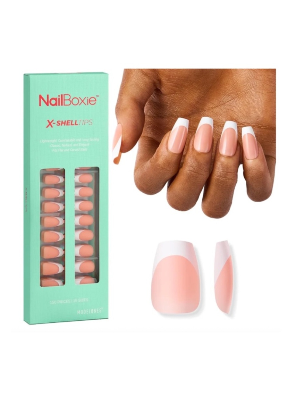 Modelones XSHELLTIPS Nude Pink And White French Tip Short Coffin Press On Nails